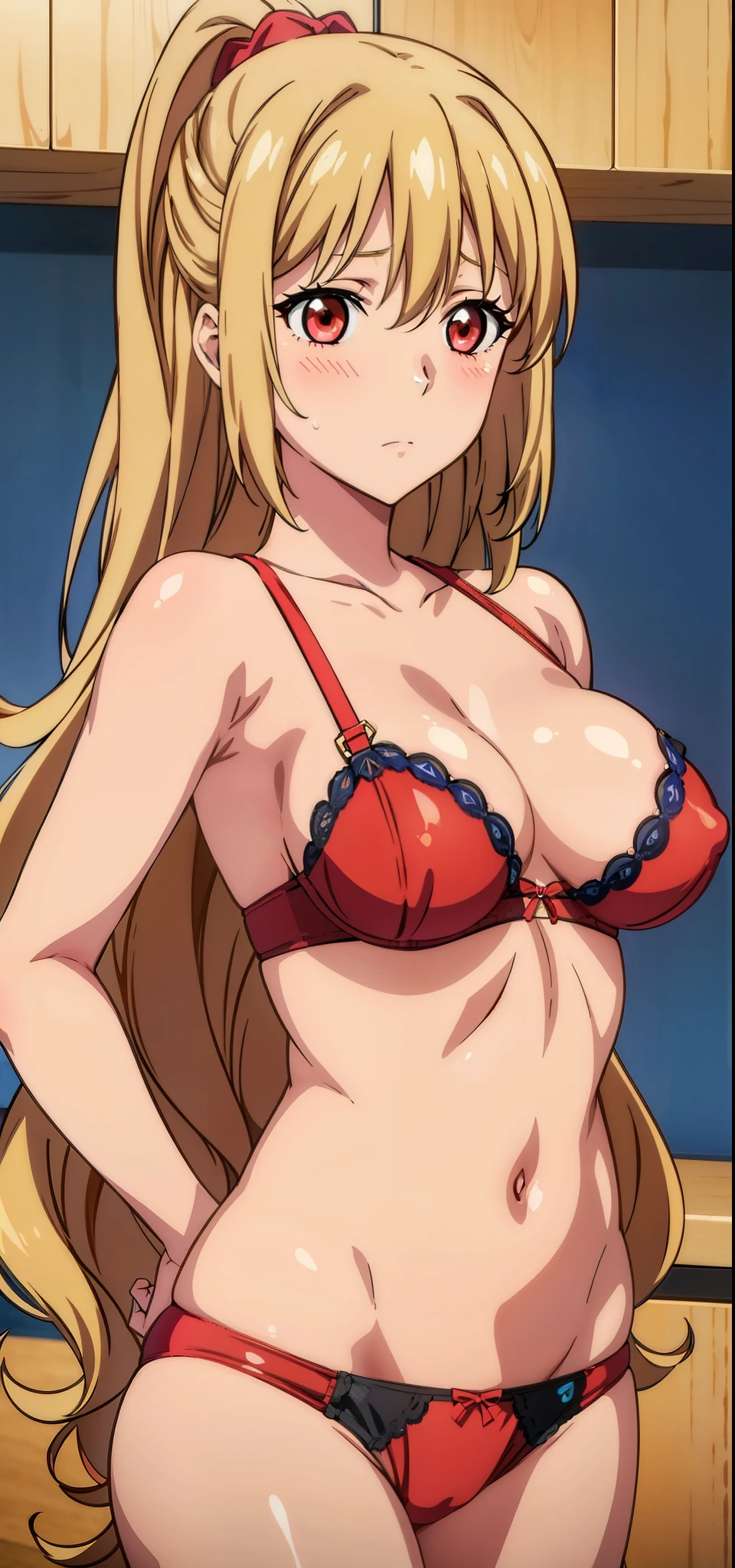 1 girl,Asagi,masterpiece, red eyes, healthy skin, blushed, 20-year-old, navel, golden hair, long hair ,cum,bra, panties