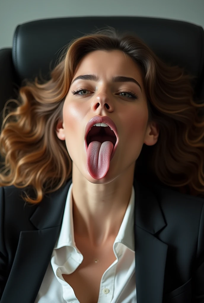 face of  model Victoria's secret with mouth wide open, long tongue, Delicate eyes, nose, and lips, Wearing professional attire, Sitting in her office, Use her, pk (best quality,4K,8K,high resolution,masterpiece:1.2),Extremely detailed,(Practical,photoPractical,photo-Practical:1.37),HDR,Studio Lighting,Extremely detailed face,top down POV on the sitting on the floor with her mouth open, ahegao, drooling ,spit in her face 
