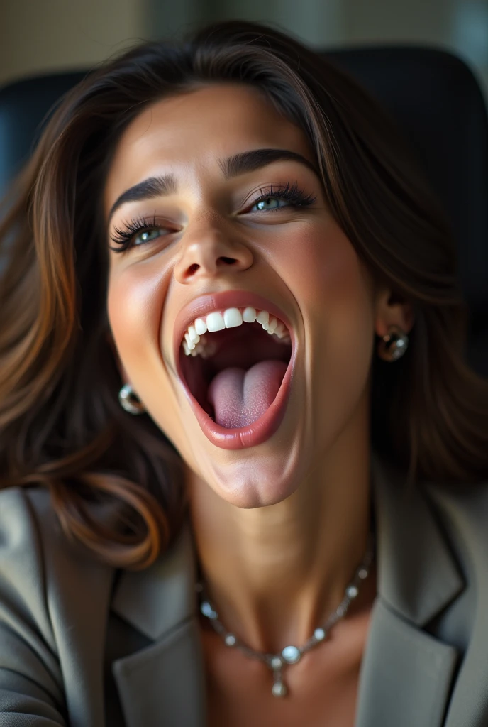 face of model Victoria's secret with mouth wide open, long tongue, Delicate eyes, nose, and lips, Wearing professional attire, Sitting in her office, Use her, pk (best quality,4K,8K,high resolution,masterpiece:1.2),Extremely detailed,(Practical,photoPractical,photo-Practical:1.37),HDR,Studio Lighting,Extremely detailed face,top down POV on the sitting on the floor with her mouth open, ahegao, drooling ,spit in her face