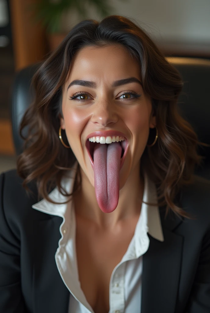 face of model Victoria's secret with mouth wide open, long tongue, Delicate eyes, nose, and lips, Wearing professional attire, Sitting in her office, Use her, pk (best quality,4K,8K,high resolution,masterpiece:1.2),Extremely detailed,(Practical,photoPractical,photo-Practical:1.37),HDR,Studio Lighting,Extremely detailed face,top down POV on the sitting on the floor with her mouth open, ahegao, drooling ,spit in her face