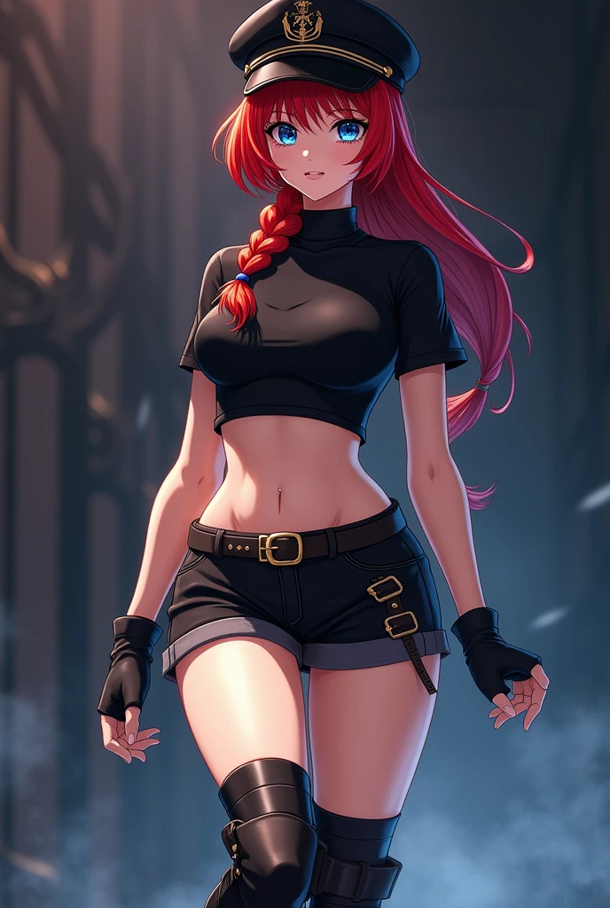 Anime Jojo&#39;s Bizarre Adventure Female Character,Female One,red hair with a fringe and a braid and blue eyes,wears a black captain&#39;s hat, cropped turtleneck blouse, thin waist and wide thighs and hips,short black shorts,black socks and boots