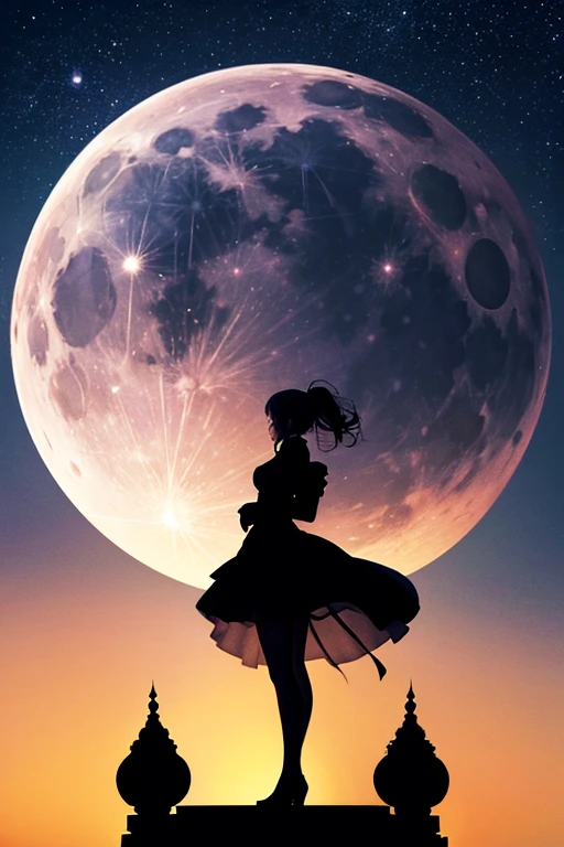 Highest quality,Big moon and shadow,A silhouette of a person can be seen against the backdrop of a large moon.,There is one full moon,There is a mood,Beautiful scenery,Starry Sky