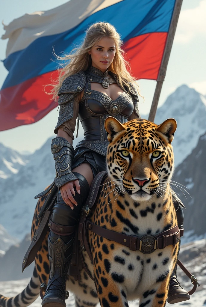 Beautiful girl in warrior costume. Riding a leopard, and behind her there is a Russian flag. And behind there are mountains.