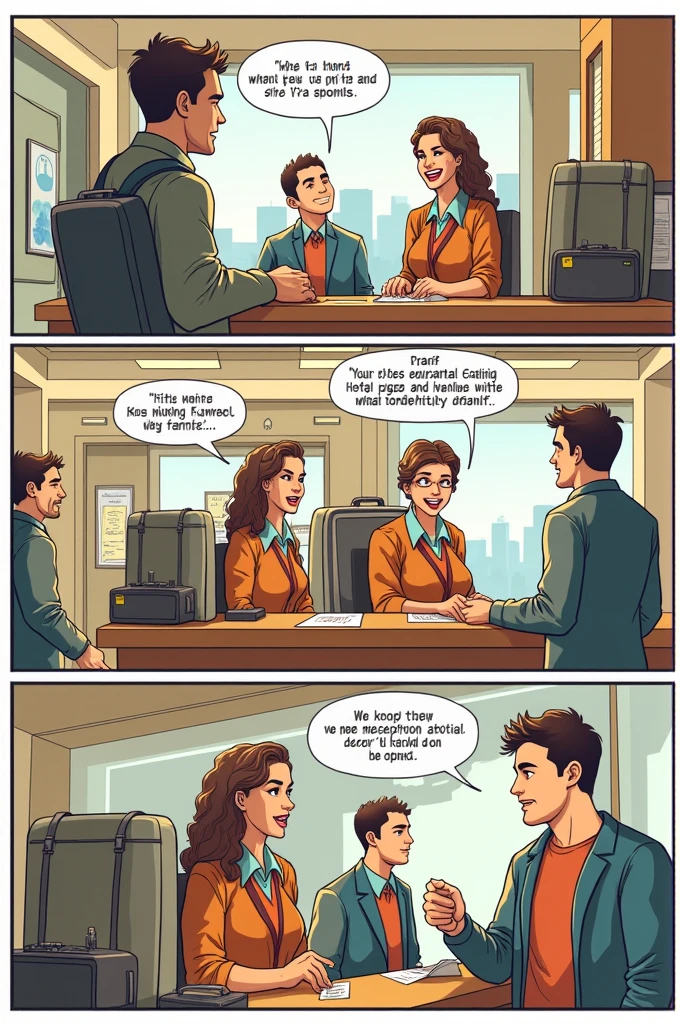 Create a comic about booking a hotel in person 