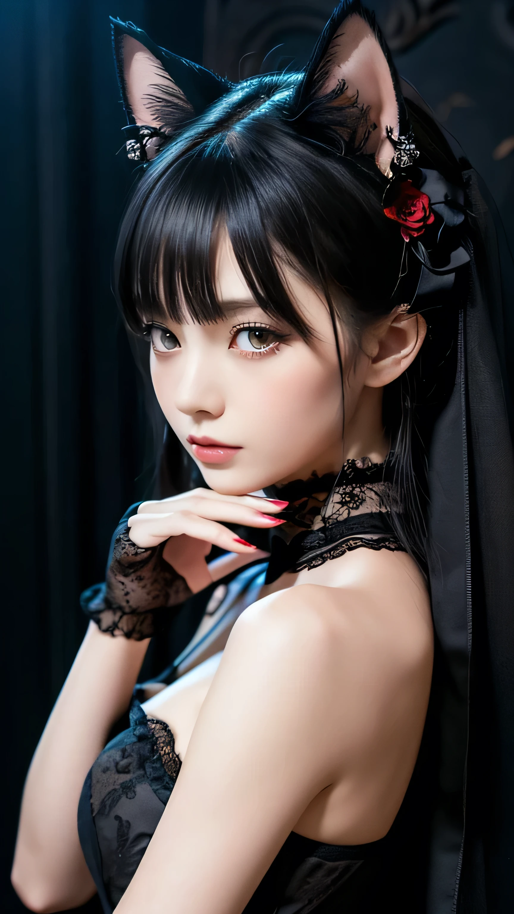 best quality,masterpiece,extremely detailed,high res,4k,ultra high res,detailed shadow,ultra realistic,realistic,dramatic lighting,1girl,solo,detailed face,realistic eyes,realistic skin,white dress,purple hair,dynamic pose, white lace dress