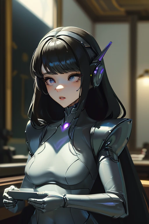 (masterpiece),(Highest quality),(Super detailed),(Best illustrations),(Best Shadow),(Absurd),(Detailed Background),(so beautiful), 16K, 8K, 4K,(Best Shadow),empty eyes,robotization,woman ,big bust,Robot Joint ,Metal skin,Black Suit,long hair,a black suit that covers the whole body,robot raiden shogun ,cyber suit,chrome body,mecha skin,metal skin