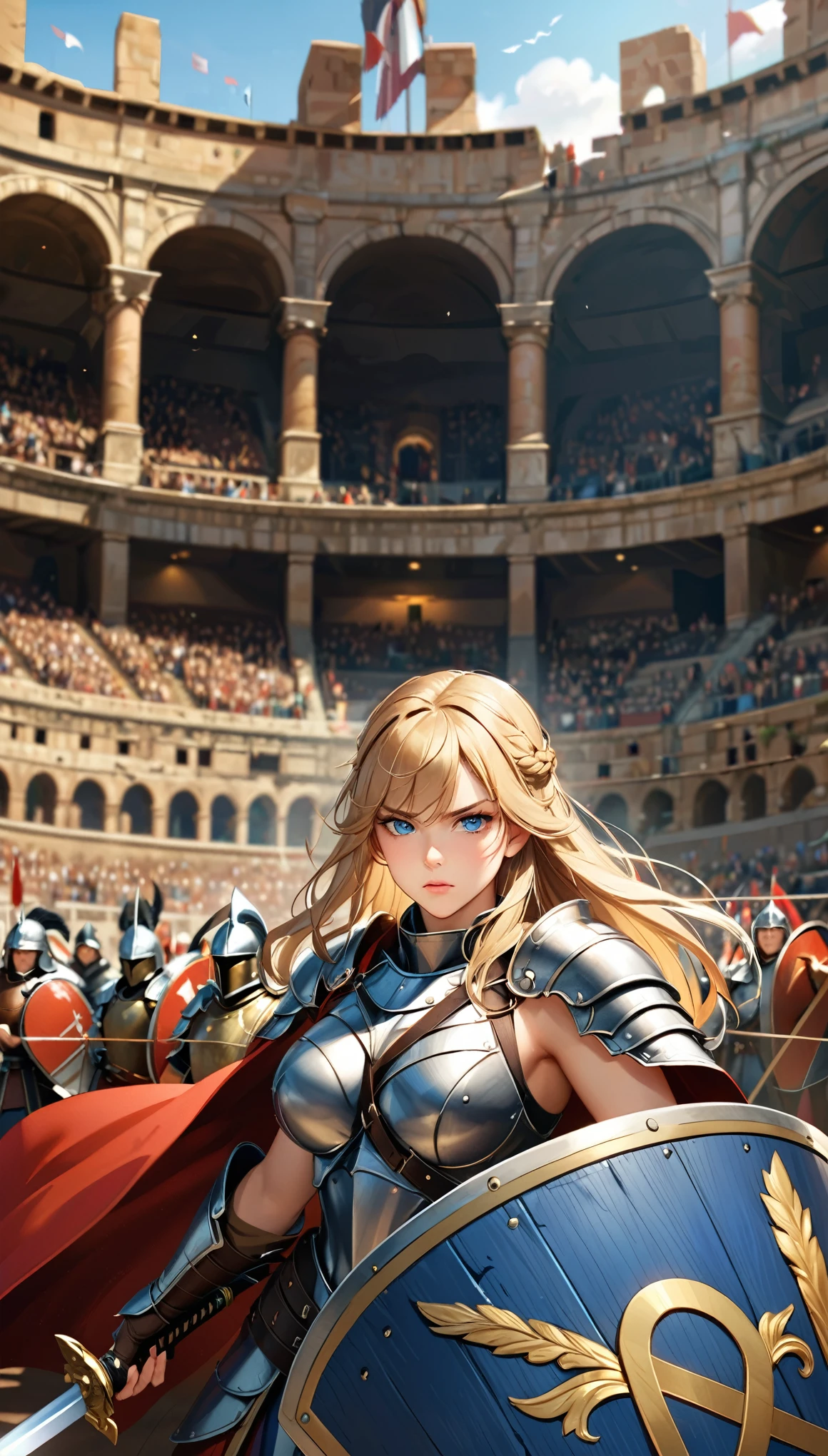 score_9, score_8_up, score_7_up, score_6_up,(scowled:1.3),(Realistic、Narrow eyes、female knight、Big Breasts、woman wearing leather armor, Female Warrior, Very beautiful woman),(Blonde, blue eyes,),Cool adult woman、(Arena、Colosseum, Fighting while being watched by the crowd),(Holding a sword and shield,Combat Ready、Ready your sword、battle)、Depth of written boundary