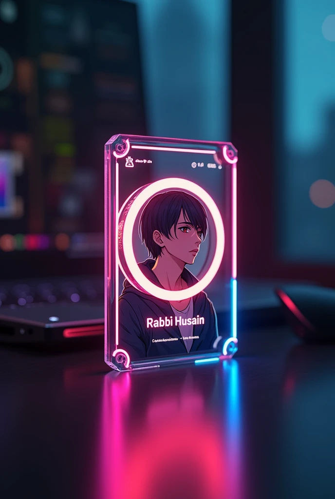 creat a instagram profile and glass card on a black desk displaying instagram logo and realistic profile photo of anime boy in circle and (Name)" RABBIL HUSAIN " is written in bold fonts under the profile photo and show"100k followers" written the instagram card is glowing in pink and blue color on theedgee Instagram profile