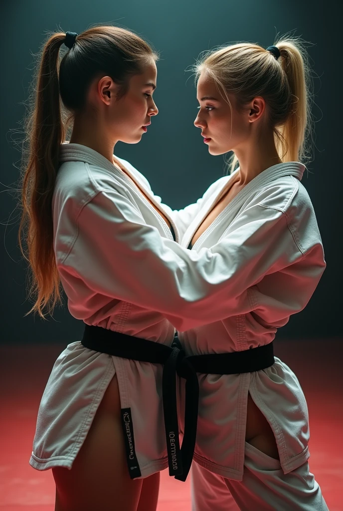 2 sexy girls fighting in a stage, both wearing karate gi, 4k quality, very detailed, bokeh, great lighting, very sexy, slightly sweating, very serious faces. full body shot