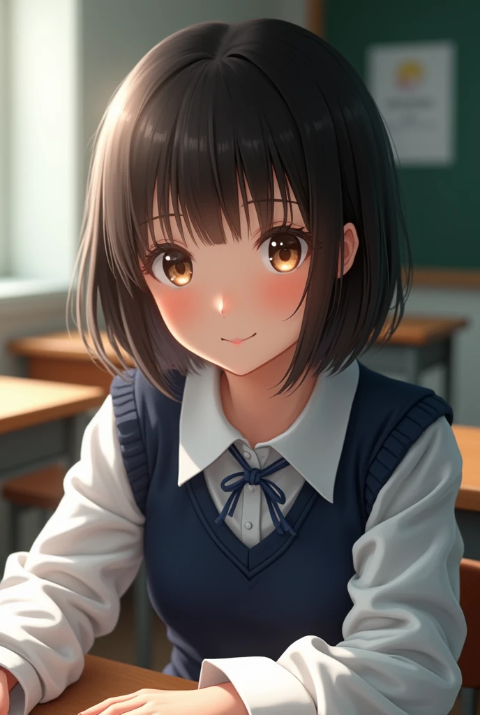 best quality, face focus, soft light, ultra high res, (photorealistic:1.4), RAW photo, 1japanese girl, solo, cute, (shy smile:0.5), (brown eyes, lights in the eyes), detailed beautiful face, (small chest),(high resolution detail of human skin texture), (short bob hair), BREAK, in classroom,navy school uniform, vest, skirt