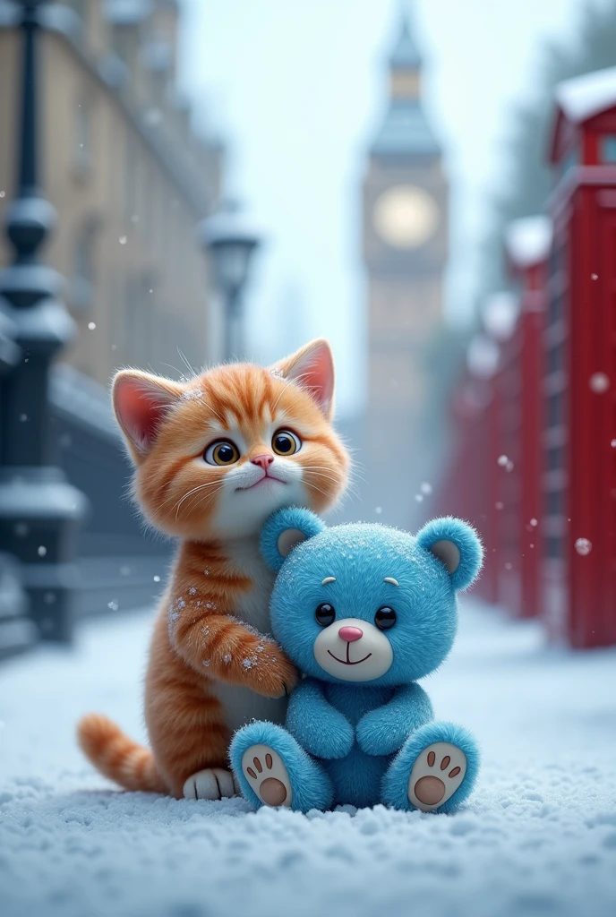 Cat with blue bear in snow at london