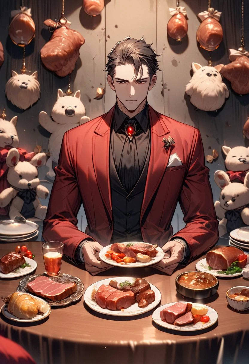 1man, handsome, brutal, black formal and red suit, Sits at the table, plate with meat, background Stuffed animals on the wall, dark atmosphere
