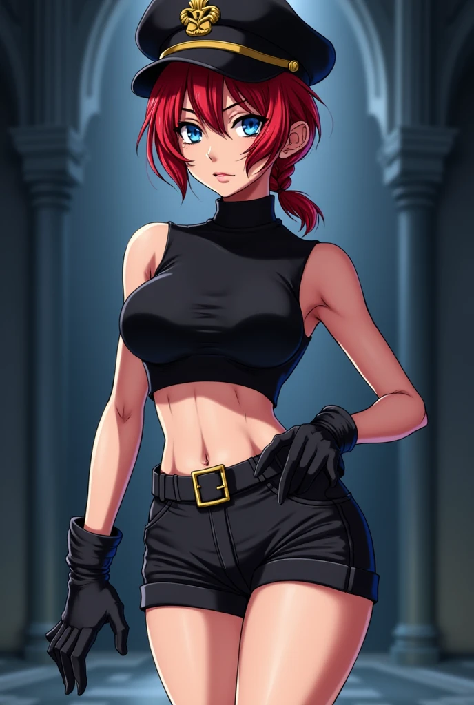 Anime Jojo's Bizarre Adventure Female Character,Female One,red hair with a fringe and a braid and blue eyes,wears a black captain's hat, cropped turtleneck blouse, thin waist and wide thighs and hips,short black shorts,black socks and boots