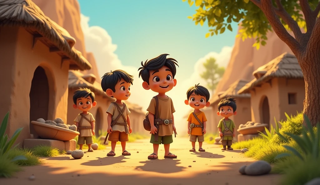 3D Animation Cartoon "Exploring New Powers Various parts of the village,Characters: Rohaan, his friends, and some villagers,Each child gains different powers from the stone. They explore and use these powers to help the villagers and animals.