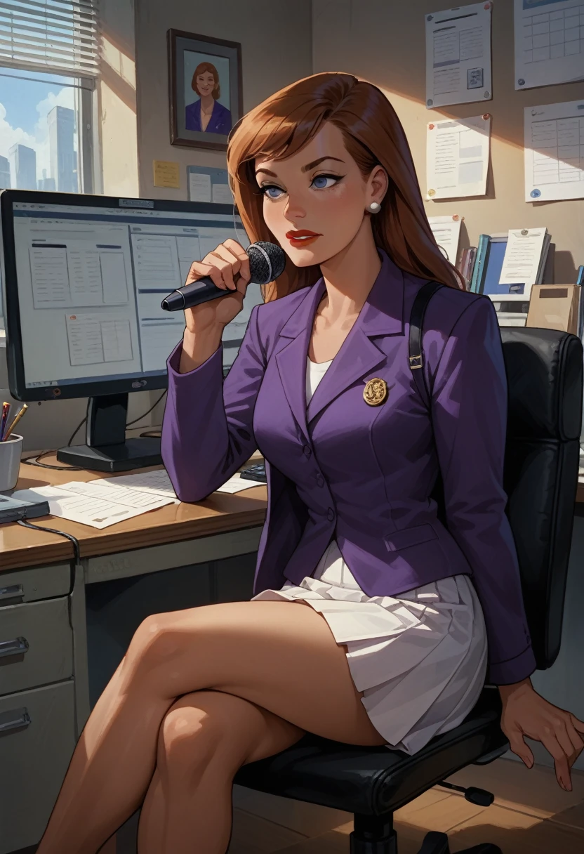 Lois Lane, sitting at a desk, purple jacket, flirtatious look, White skirt, crossed legs, a microphone in one hand, a computer on the table. an office. neckline. 