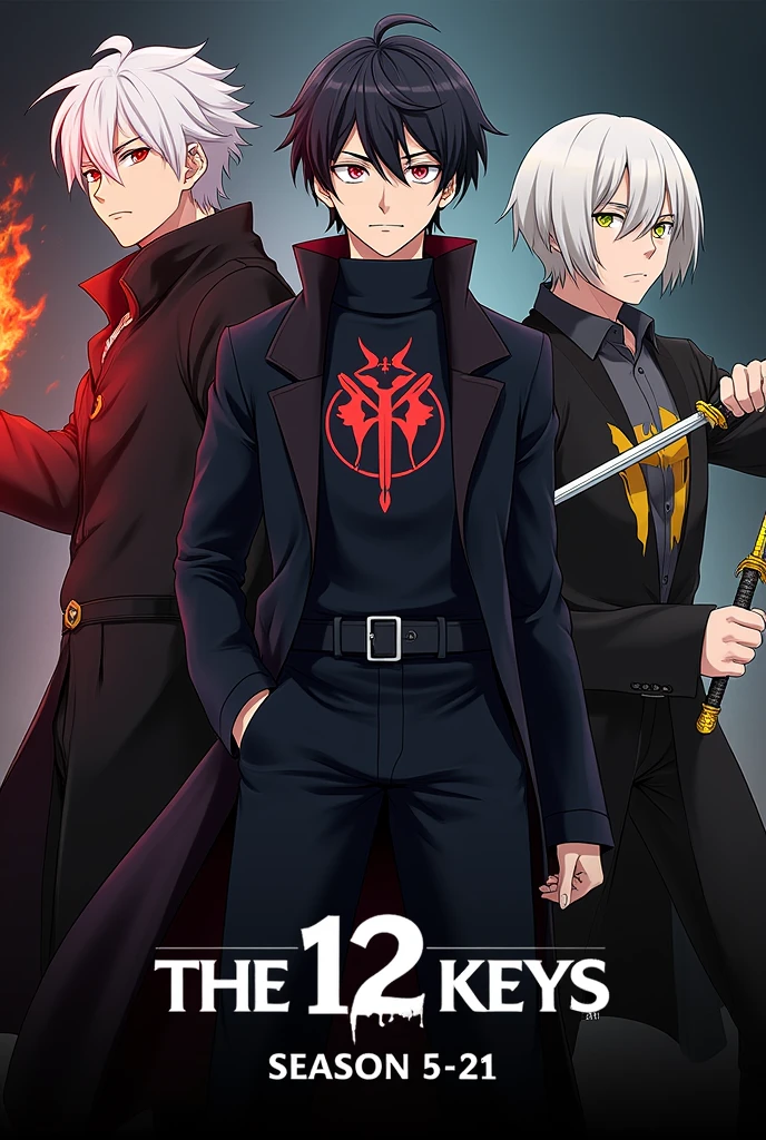 Poster, titre (les 12 clés saison 5), homme cheveux blanc pupille rouge utilisateur de feu avec manteau noir logo(loup avec deux sabre)/homme cheveux noir pupille rouge utilisateur de katana de la mort avec vêtement noir avec logo loup et deux sabre/ homme cheveux blanc pupille jaune utilisateur de deux lames avec vêtement noire(logo loup avec deux sabre)