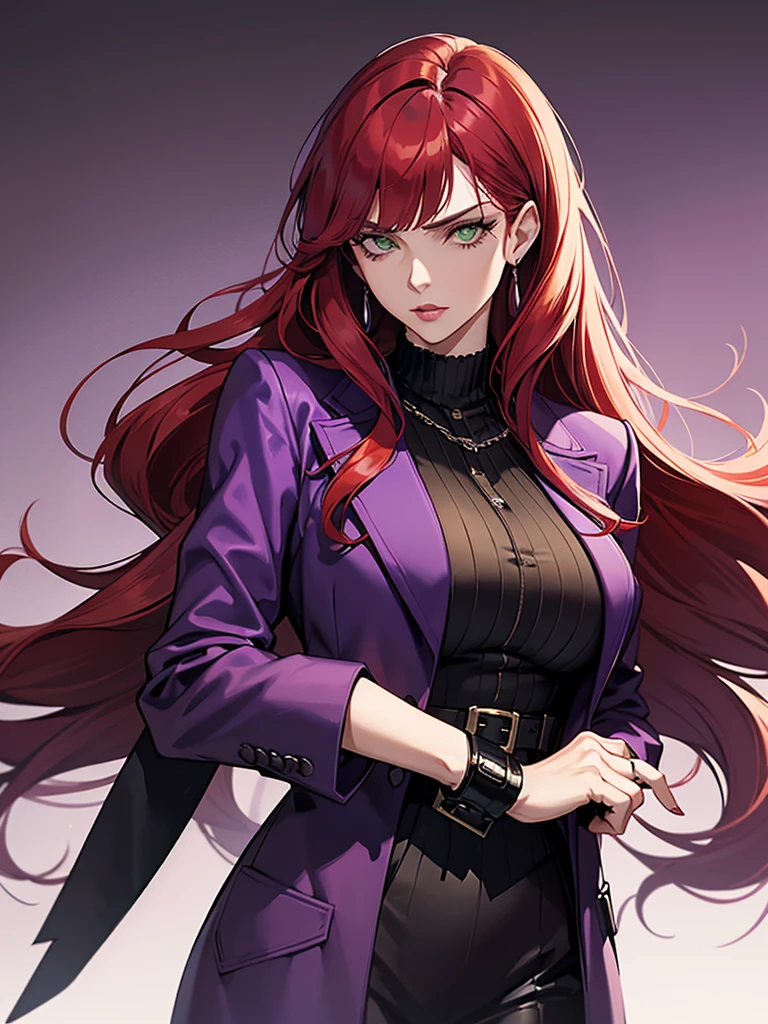 green eyes, red hair with long bangs, noble. sadistic women, wavy long hair. strong woman. purple jacket. she quiet. wear purple and black outfit. background in luxury mansion. dominant woman. mafia. mature woman. girl boss. badass woman. gangster. hair have bangs
