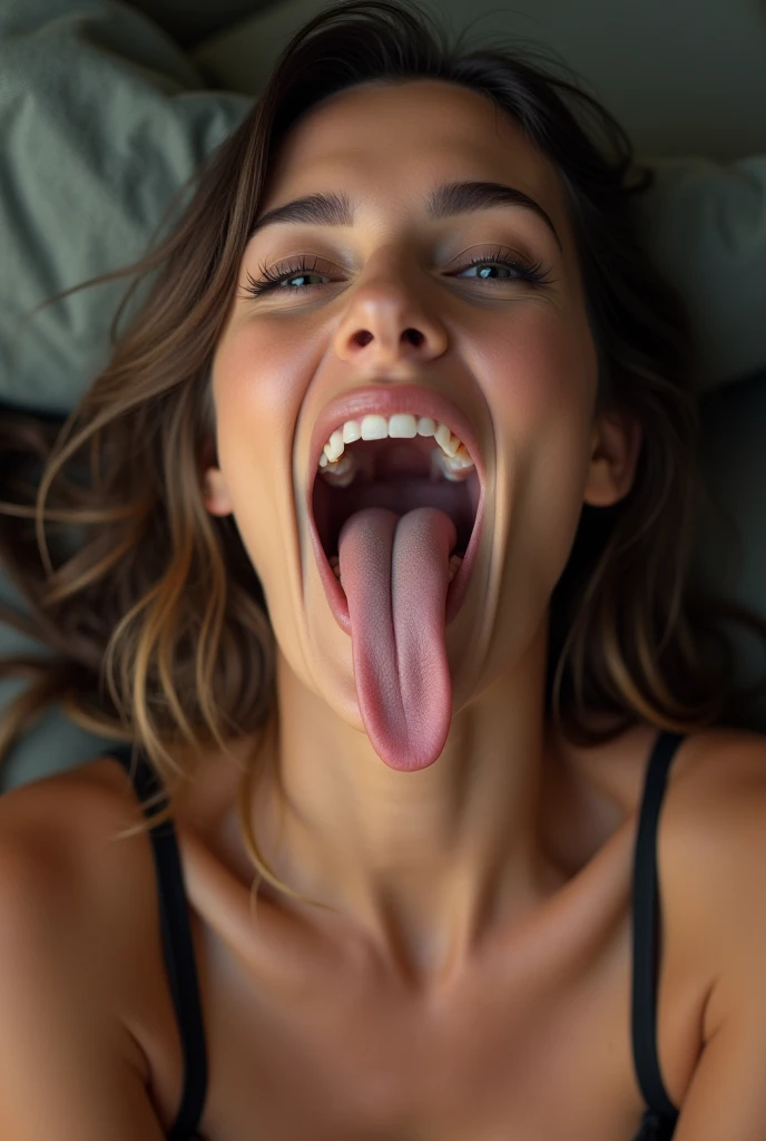 face of model Victoria's secret with mouth wide open, long tongue, Delicate eyes, nose, and lips, Wearing professional attire, Sitting in her office, Use her, pk (best quality,4K,8K,high resolution,masterpiece:1.2),Extremely detailed,(Practical,photoPractical,photo-Practical:1.37),HDR,Studio Lighting,Extremely detailed face,top down POV on the sitting on the floor with her mouth open, ahegao, drooling ,spit in her face , naked, topless