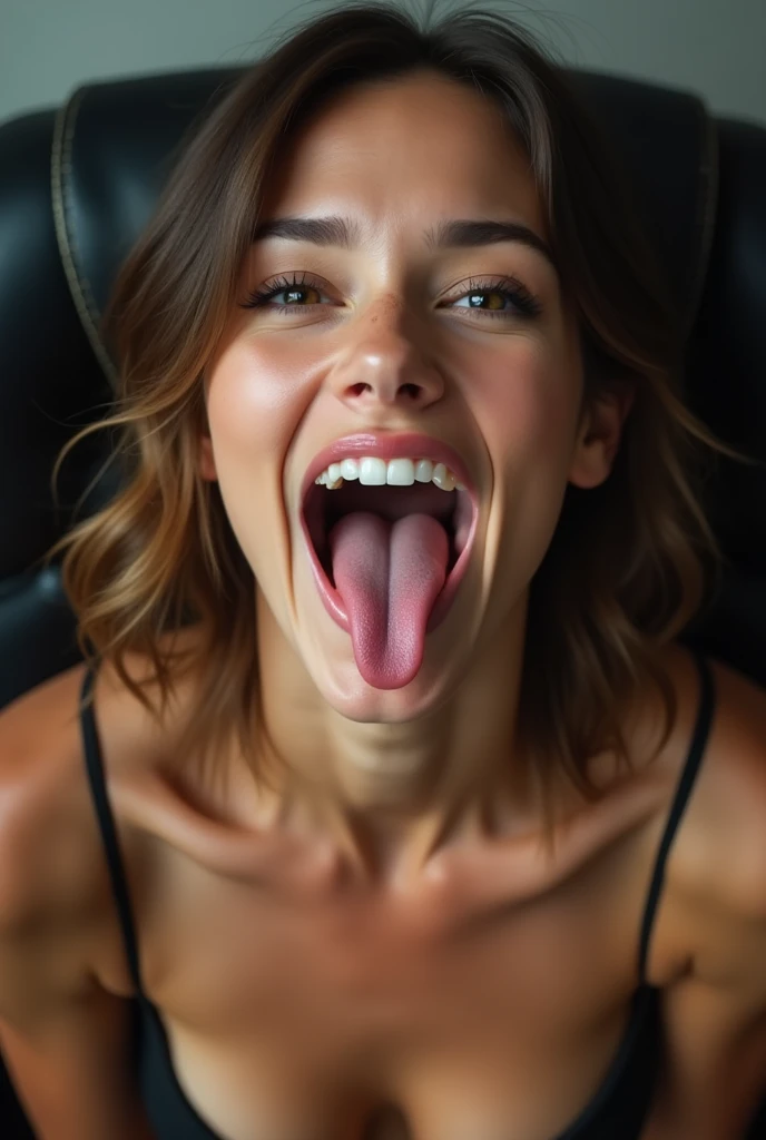 face of  model Victoria's secret with mouth wide open, long tongue, Delicate eyes, nose, and lips, Wearing professional attire, Sitting in her office, Use her, pk (best quality,4K,8K,high resolution,masterpiece:1.2),Extremely detailed,(Practical,photoPractical,photo-Practical:1.37),HDR,Studio Lighting,Extremely detailed face,top down POV on the sitting on the floor with her mouth open, ahegao, drooling ,spit in her face , naked, topless
