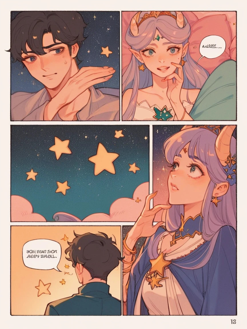 score_9, score_8_up, score_7_up, score_6_up, p4n3ls, 1girl, 1boy, stars, long hair, panels, (8k, best quality, master piece: 1.2),super high resolution,A page of a soft pastel colored comic book divided into frames、A princess falls in love with a demon、speech bubble、Powerful girl manga style