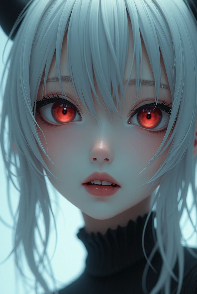 fantastic close up portrait of an anime girl with platinum hair, hollow eyes, no iris, nosetrils like snake, pale face, fangs, smiling, devilish, art like 2.5D realistic anime,