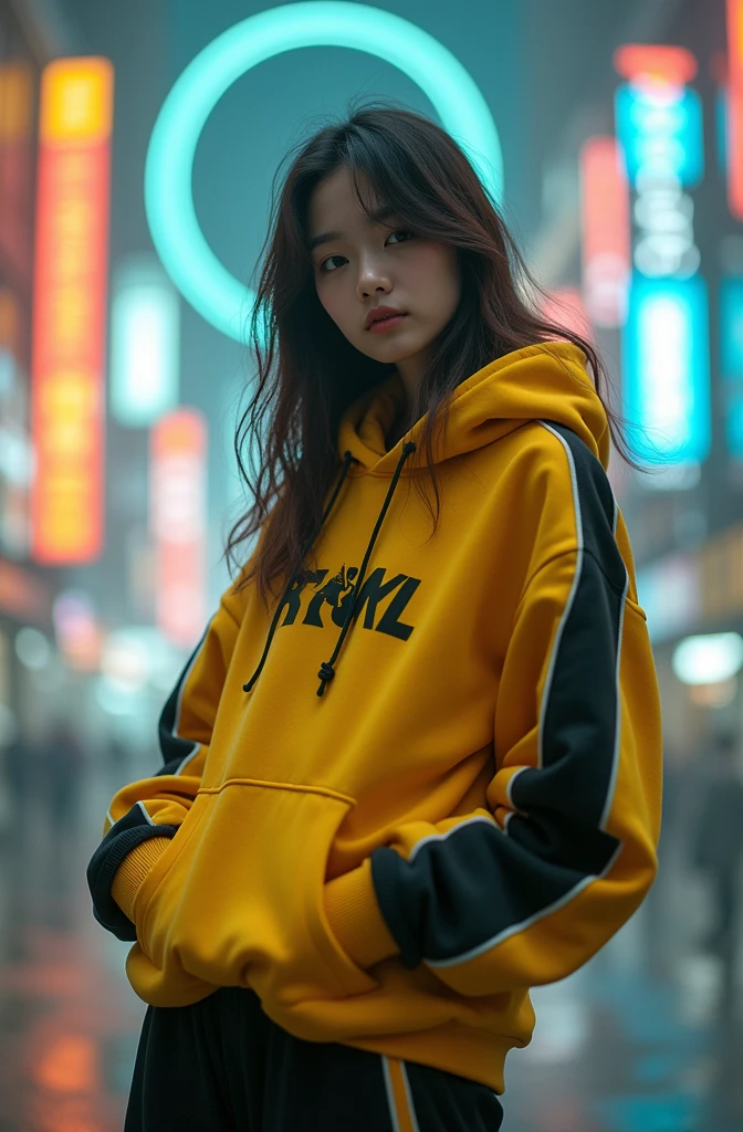 The Masterpiece of photography composition, 4K wallpaper, Masterpiece sci-fi cyberpunk city, fantasy sci-fi, neon glow lights city, ( Subject ( 1girl, A cute japanese women with beautiful hair, wearing an youth stylist oversized hoodie fashion, yellow, black stylist fashion, jumper hoodie and short solid cotton trousers, the hoodie stylist masterpiece.))
( Pose (Relaxed, with dance pose, masterpiece. Medium breast.))
( Setting (ultra realistic, sci-fi theme, A mystic environment, cyberpunk city with neon glow lights and a glow light portal.))
( Face ( absolute detail of face masterpiece, detail skin pores masterpiece, oil skinny, beautiful japanese girl, detail of face.))
( Perfect human body, perfect human fingers)
( Lighting (Dramatic side lighting with a warm and cool light masterpiece, absolute face and body lighting teqnique, sunlit glow and light rays, masterpiece object lighting and detail.))
(detail of absolute futuristic fashion a masterpiece), rahnday style photography, the sense of photography), sea art infinity.)
( Style (Hyper-realistic, cinematic, with a focus on detail and texture, octan render 4K quality masterpiece.))
( Technical Specifications (Shot from a medium long shot, below-up perspective, with a Fujifilm XT-4 with Fujinon 50mm lens at f/1.2.))
(((Additional Notes)
 ( Focus on Key Elements (Emphasize the woman, her clothing, and the dramatic city backdrop.))
 ( Visual Effects (Include cinematic grains, falling glow particles, and a blurred background with white fog.))