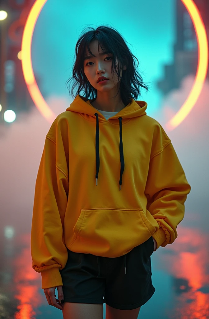 The Masterpiece of photography composition, 4K wallpaper, Masterpiece sci-fi cyberpunk city, fantasy sci-fi, neon glow lights city, ( Subject ( 1girl, A cute japanese women with beautiful hair, wearing an youth stylist oversized hoodie fashion, yellow, black stylist fashion, jumper hoodie and short solid cotton trousers, the hoodie stylist masterpiece.))
( Pose (Relaxed, with dance pose, masterpiece. Medium breast.))
( Setting (ultra realistic, sci-fi theme, A mystic environment, cyberpunk city with neon glow lights and a glow light portal.))
( Face ( absolute detail of face masterpiece, detail skin pores masterpiece, oil skinny, beautiful japanese girl, detail of face.))
( Perfect human body, perfect human fingers)
( Lighting (Dramatic side lighting with a warm and cool light masterpiece, absolute face and body lighting teqnique, sunlit glow and light rays, masterpiece object lighting and detail.))
(detail of absolute futuristic fashion a masterpiece), rahnday style photography, the sense of photography), sea art infinity.)
( Style (Hyper-realistic, cinematic, with a focus on detail and texture, octan render 4K quality masterpiece.))
( Technical Specifications (Shot from a medium long shot, below-up perspective, with a Fujifilm XT-4 with Fujinon 50mm lens at f/1.2.))
(((Additional Notes)
 ( Focus on Key Elements (Emphasize the woman, her clothing, and the dramatic city backdrop.))
 ( Visual Effects (Include cinematic grains, falling glow particles, and a blurred background with white fog.))