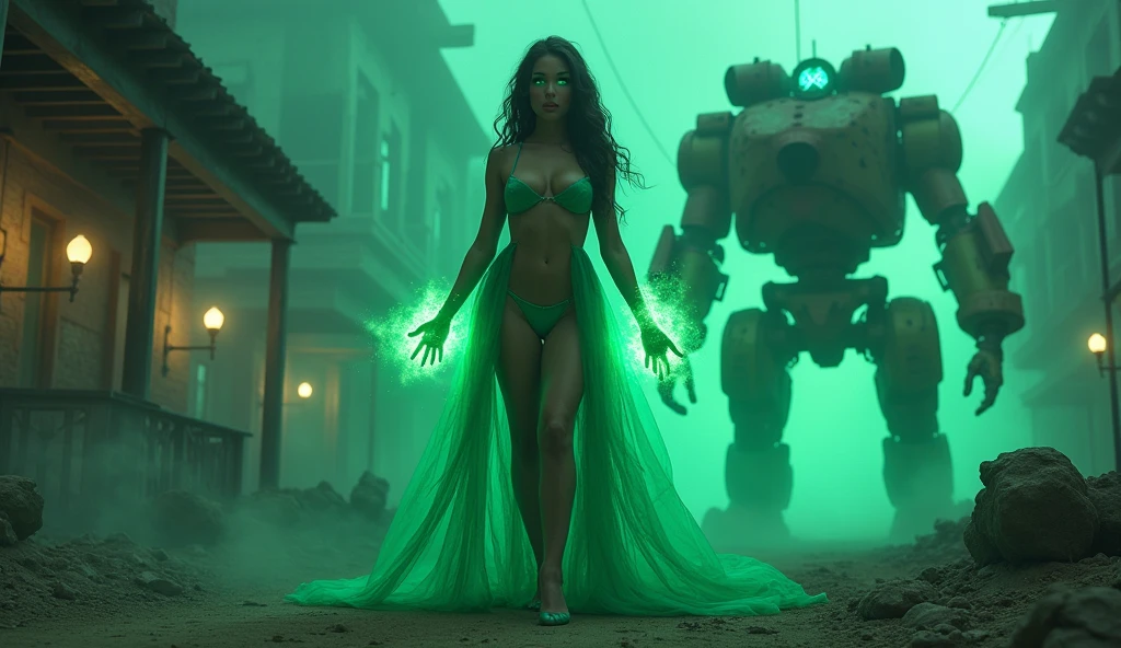 (Masterpiece. Uhd) A beautiful woman in her 20s, with an epic cleavage and a voluptuous figure,( green glowing eyes). (Green glowing hands) standing in a post-apocalyptic dystopian abandoned old west city in the wasteland at night, surrounded by glowing fog and neon lights, the Neon Queen of the Wasteland. Perfect hands. Perfect fingers. Sensual pose.1930 clunky rusty evil giant war robot (dead on the floor) in the background.