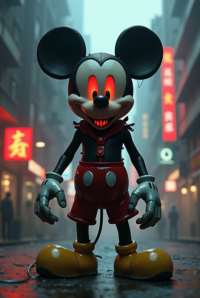 satanic mickey mouse, cyberpunk, horror, twisted, dark, sinister, deformed, distorted, ominous, disturbing, nightmarish, haunting, macabre, grim, eerie, unsettling, creepy, ominous, surreal, dark fantasy, gothic, dystopian, industrial, futuristic, neon lights, glowing, high contrast, cinematic lighting, moody, atmospheric, chiaroscuro, detailed, hyper realistic, masterpiece, digital painting, concept art, illustration, by tim burton, award winning art, octane render, unreal engine