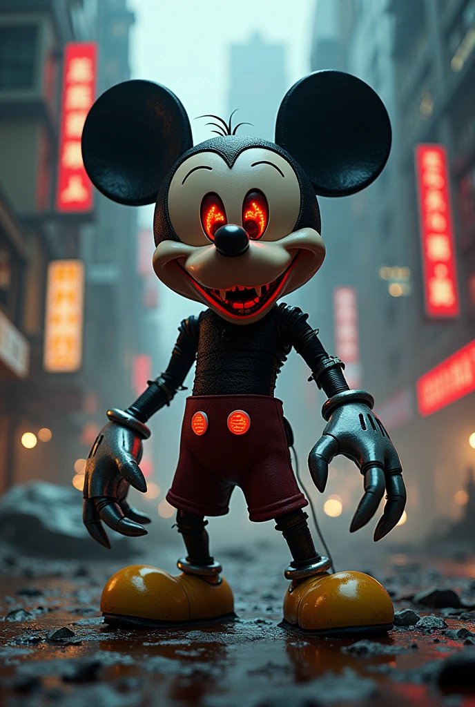Satanic mickey mouse, cyberpunk, horror style, artwork by tim Burton 