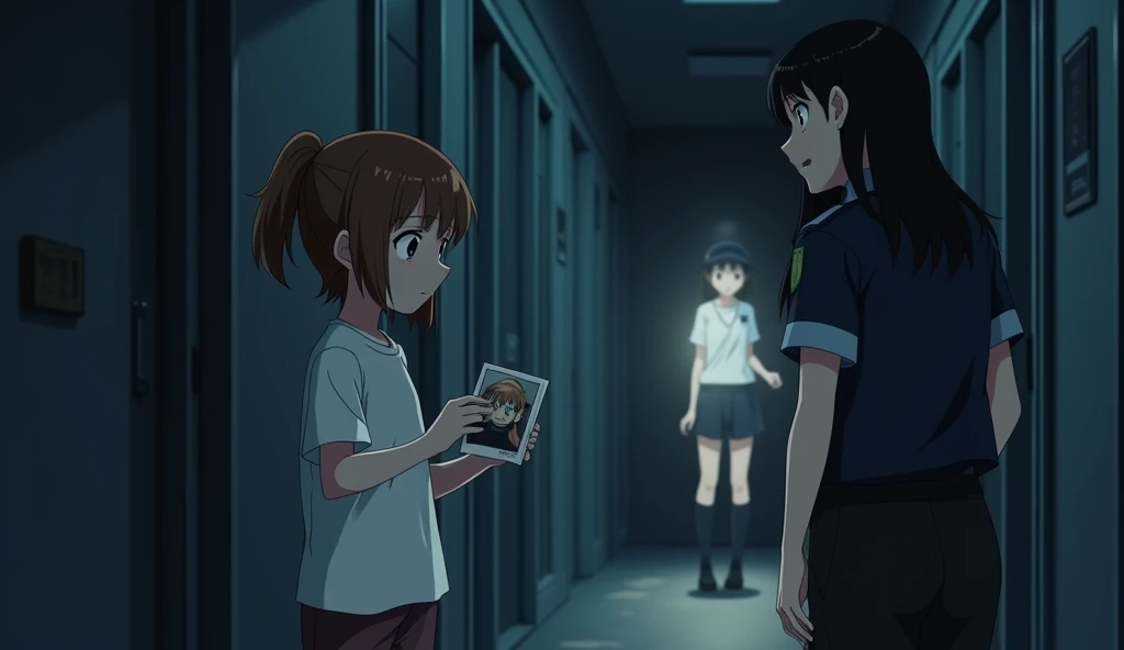 Anime images"A young brown-haired girl in a white t-shirt and shorts is holding a photo of her friend. A young black-haired girl is talking to an officer who is holding a flashlight. The atmosphere is nighttime in the dormitory.