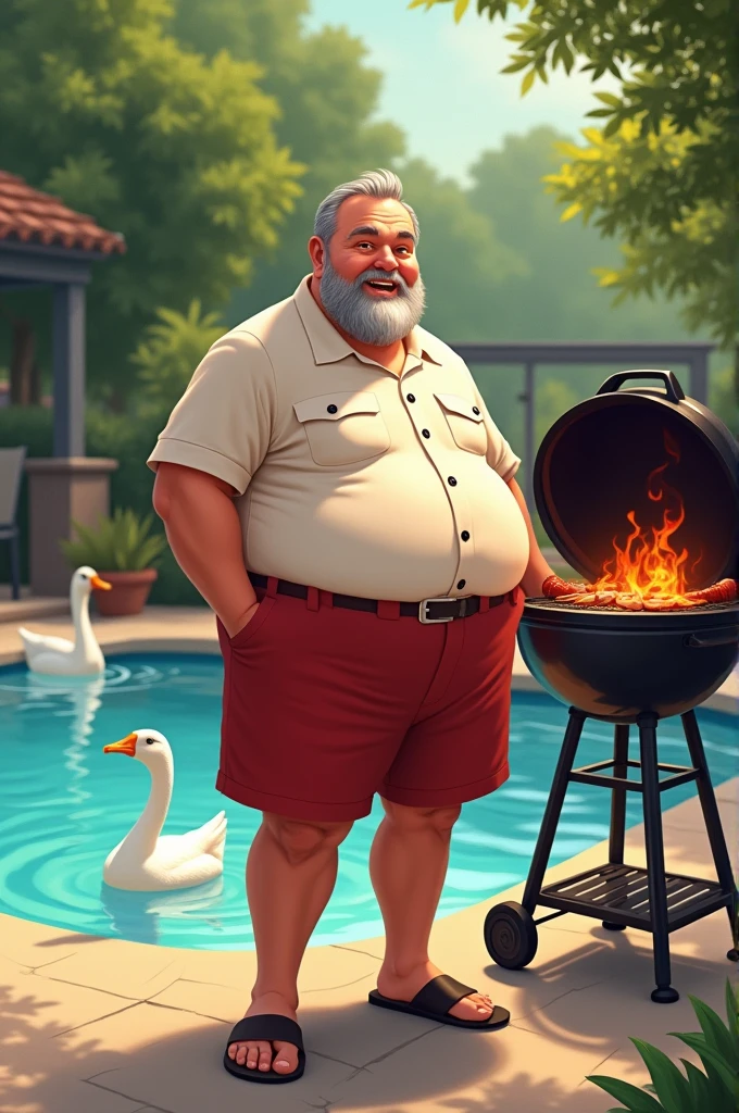 Un homme jovial d’une soixantaine d’années, enrobé avec une fine barbe grise , des cheveux gris court et un short pantacourt rouge, en train de faire un barbecue devant une piscine dans laquelle il y’a des oies