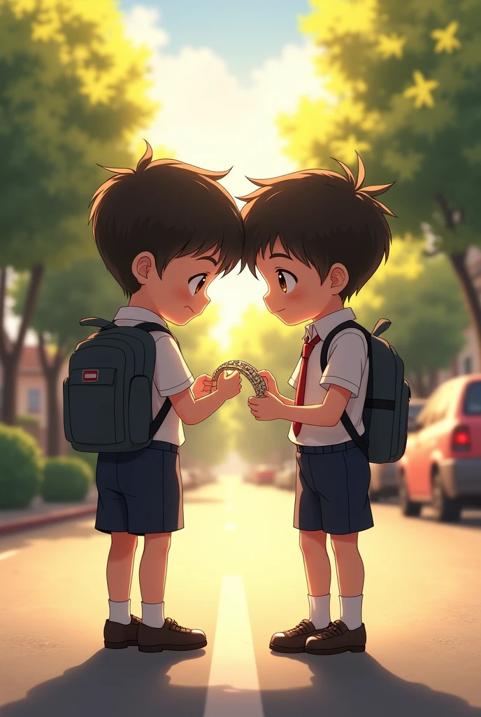 Two school boy searching the owner of the bracelet they found on road