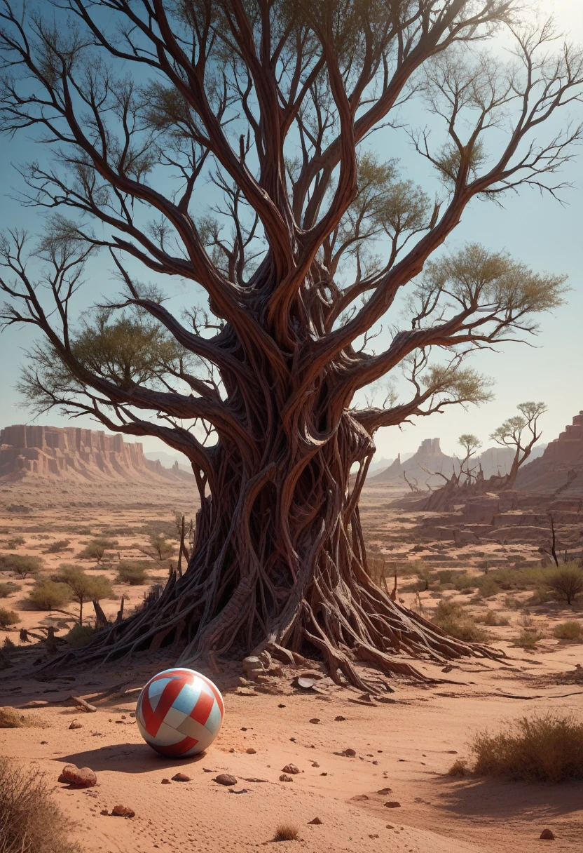 Arriveted image of tree inside glass ball in desert landscape, tree of life inside the ball, surreal digital artwork, surrealism 8k, Surreal digital art, surreal art, surreal 3D rendering, 3D rendering of digital art, Mark Adams, surreal concept art, 3D rendering of a biple, stylized digital art, 4k surrealism