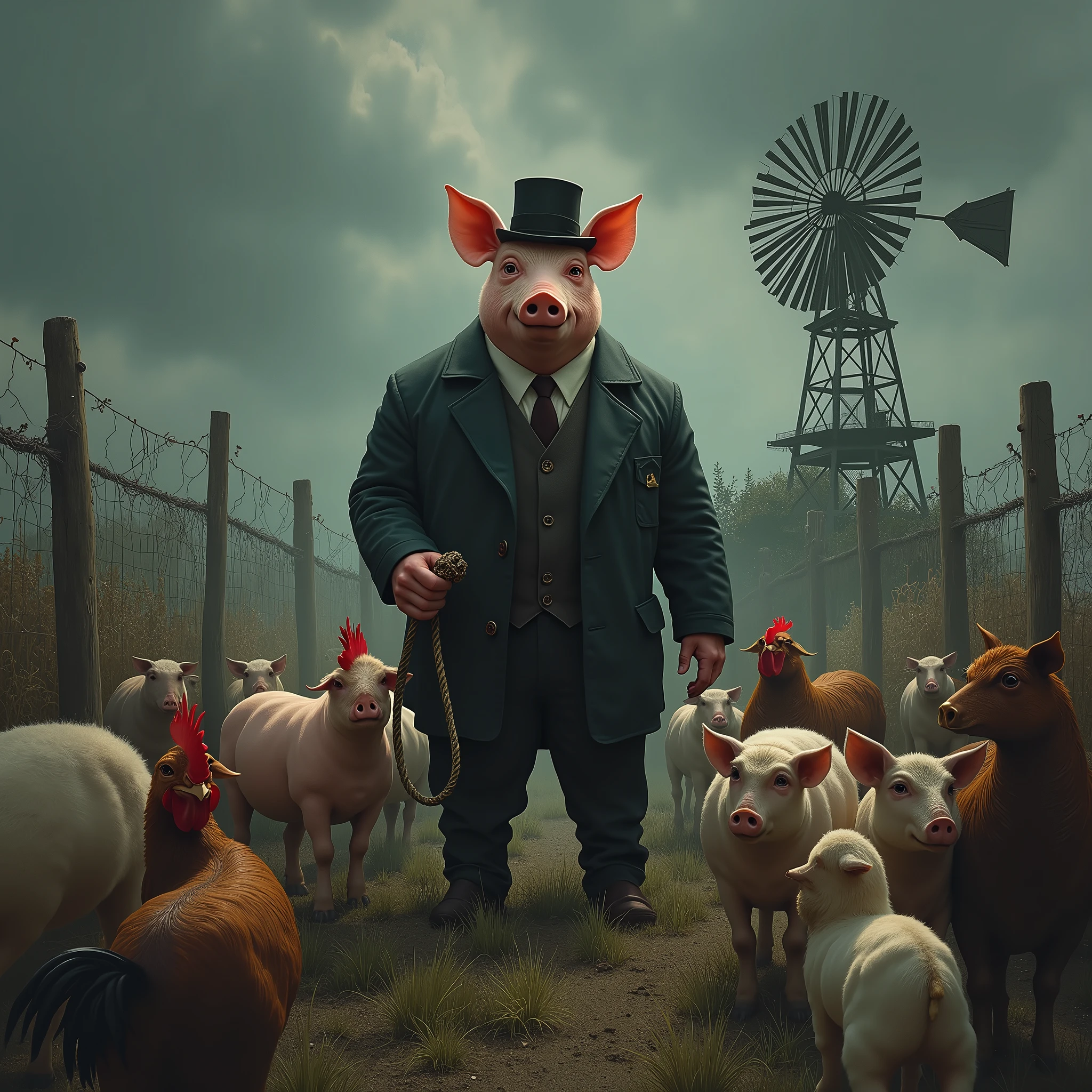 A dark and allegorical scene inspired by George Orwell's "Animal Farm." In the foreground, a group of farm animals—pigs, horses, sheep, and chickens—stand together in a dilapidated barnyard, their expressions a mix of fear, confusion, and defiance. At the center of the group, a pig dressed in human clothing, complete with a suit and hat, stands on two legs, holding a whip and looking down at the other animals with a sinister, authoritative gaze. The once idyllic farm is now bleak and oppressive, with broken fences, wilted crops, and a gloomy sky overhead. The windmill in the background is half-constructed, symbolizing false promises and the decay of the farm's original ideals. The entire scene is shrouded in an atmosphere of tyranny and betrayal, capturing the essence of power, corruption, and the loss of freedom.. [(Suspended in the air between scene and the viewer, a translucent, almost ghostly black message reads exactly: "ANIMAL FARM". The text appears as if it's floating, blurred at the edges, with the letters formed from a faint mist or white smoke that lingers in the space. The smoky words are readable, though not overly bright, hovering just in front of his gaze, creating a surreal yet powerful effect. Text exactly says: "ANIMAL FARM". They seem to be written in chalk. The text says: "ANIMAL FARM". semi-transparent text that reads 'ANIMAL FARM' in a dramatic, bold font. The text almost acts as a title, floating in the air, partially obscuring the scene but enhancing the overall tension and urgency of the moment)].