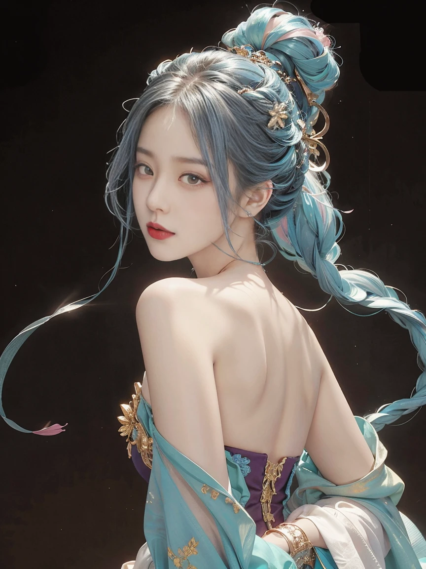 highly detailed, 8K, masterpiece, 1 girl, blue pink_hair, nude, Smile, (perfect_Face), boundary, close up, crazy, exist_Back, Gorgeous, complicated, Dramatic Lighting, 4K, detailed_Background, Caustics, full_Body,