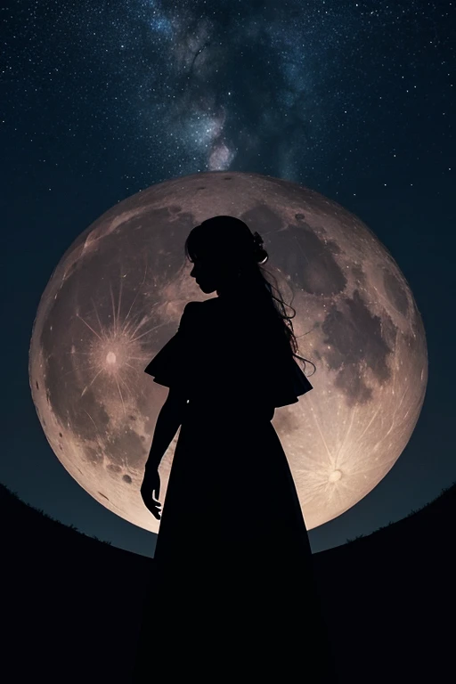 Highest quality,Big moon and shadow,A silhouette of a person can be seen against the backdrop of a large moon.,There is one full moon,There is a mood,Beautiful scenery,Starry Sky