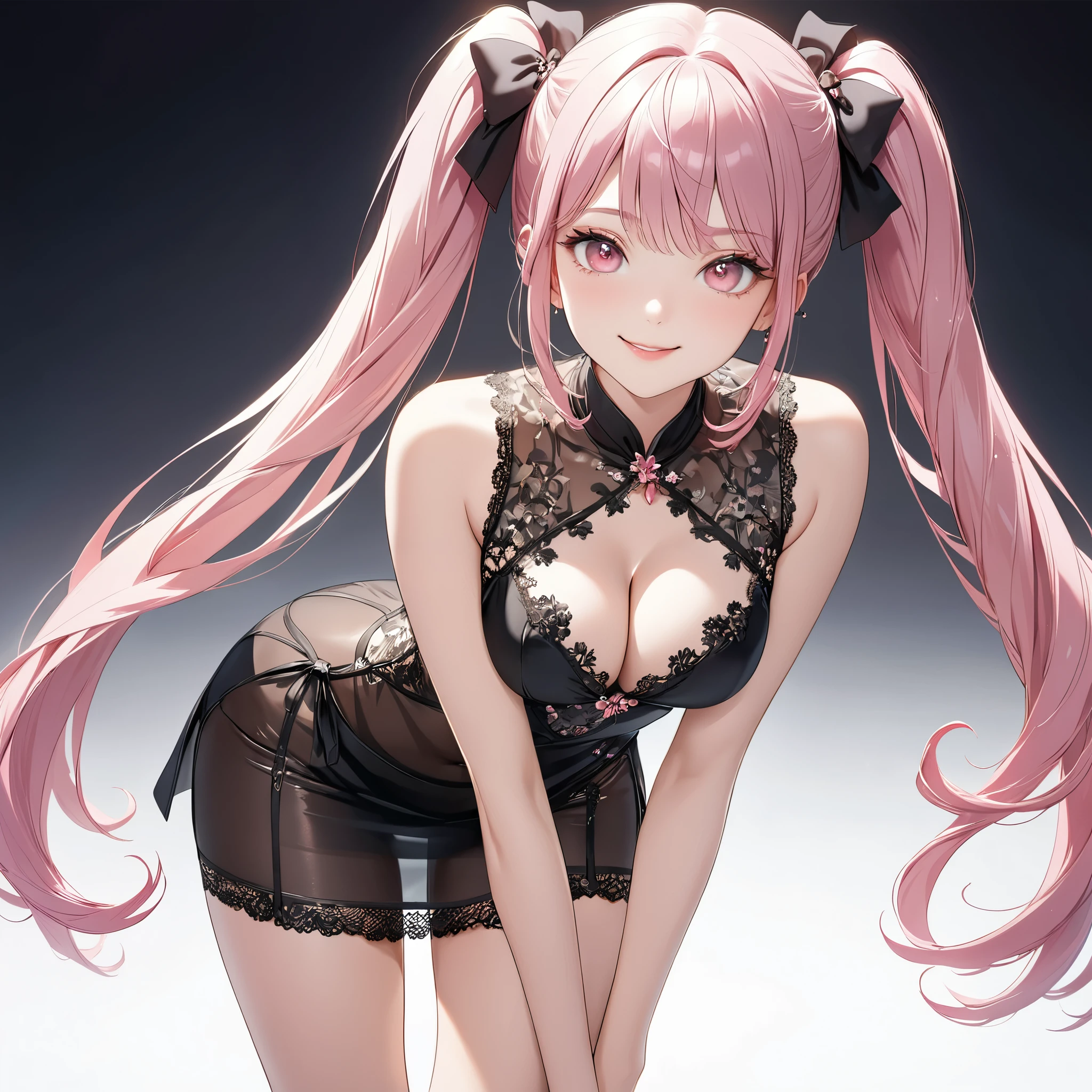 (8K, masutepiece, Best Quality, Official art, beautiful lighting, The best masterpiece in history that exceeds limits, beautiful detailed), (1 Girl, Solo), (sixteen years old), (beautiful detailed face), (shiny white skin), (Beautiful big bust, cleavage, thighs:1.3), (beautiful detailed pink twin tails hair, Bangs:1.3), (beautiful detailed drooping pink eyes:1.5), (black china dress costume, short length tight slit skirt, black see through lace:1.3), (happy smile:1.2), (Attractive, sensational, Look at the camera, cute pose), (simple plain white background:1.5),