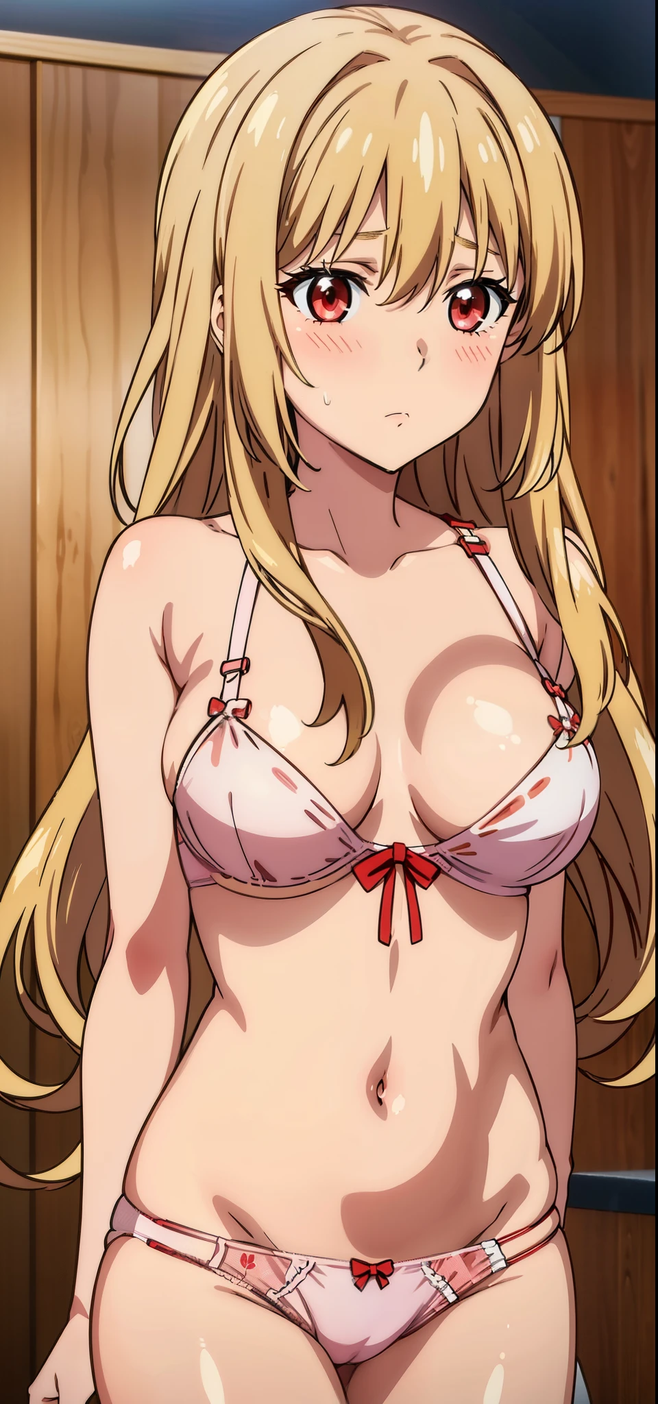 1 girl,Asagi,masterpiece, red eyes, healthy skin, blushed, 20-year-old, navel, golden hair, long hair ,cum,bra, panties
