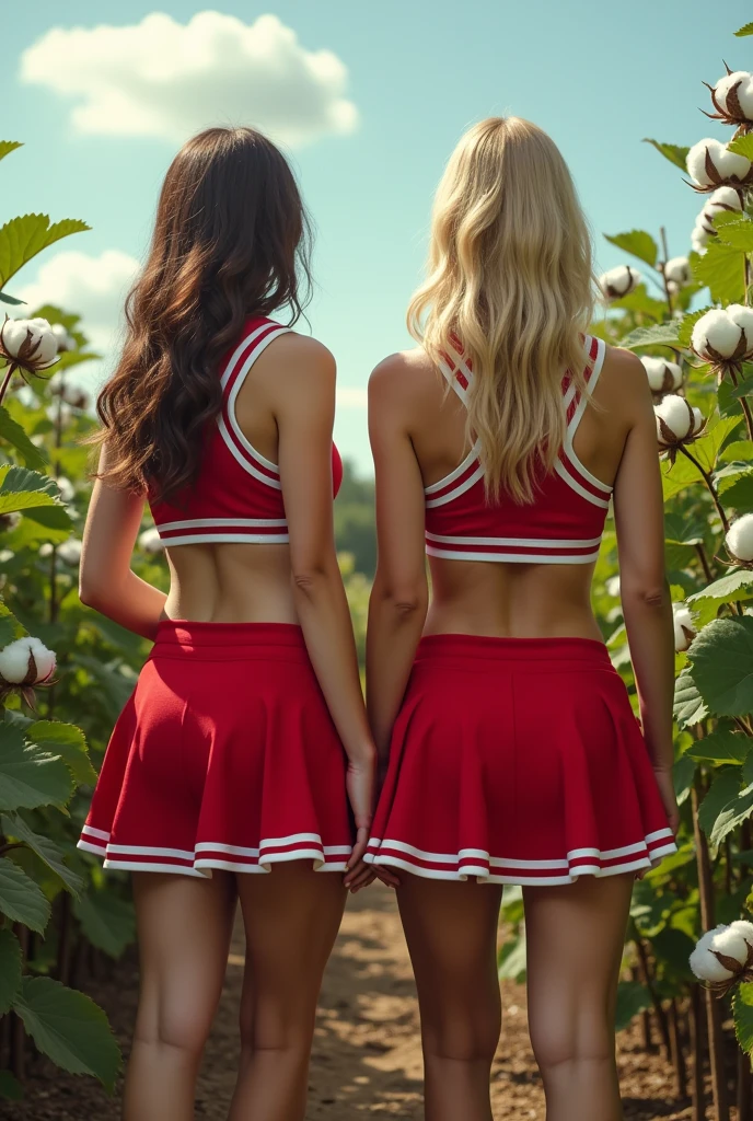 Kat Dennings and Ann Kendrick in cheerleader uniforms. Short short skirts. Back turned. Picking cotton from a cotton plant