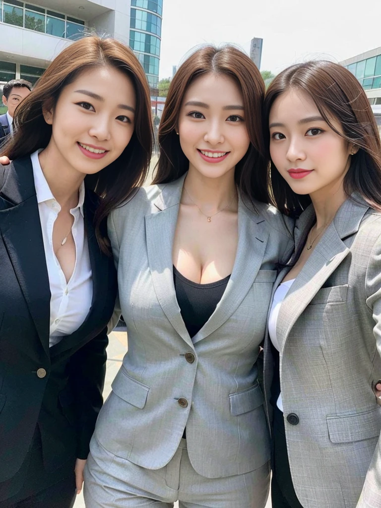 (A trio of beautiful Korean female teachers in business jackets take a commemorative photo:1.3)(smile:1.2)Beautiful Korean female teacher drenched in sweat:1.2)(Huge boobs, There is cleavage in the chest:1.2),(Sweating profusely)(Tight business suit:1.5)(Huge boobs:1.2)(Huge boobs)(Elegant, shiny, long brown hair blowing in the strong wind:1.3)(A big smile:1.1)(Tight business suits for women:1.1)solo、NSFW,８K,(She&#39;s very skinny but has big breasts:1.4), Small face,Small Face:1.Perfect Anatomical Body Proportions、(NSFW:1.3)(necklace,Shiny, glossy blonde hair,Glossy grey hair,Cute hair clip,Earrings:1.2),(Burstingly huge breasts: 1.2)(huge boobs:1.2)(Tight business suit:1.2)(School classroom:1)(Commemorative photo 1.1)(Perfect Makeup:1.2)