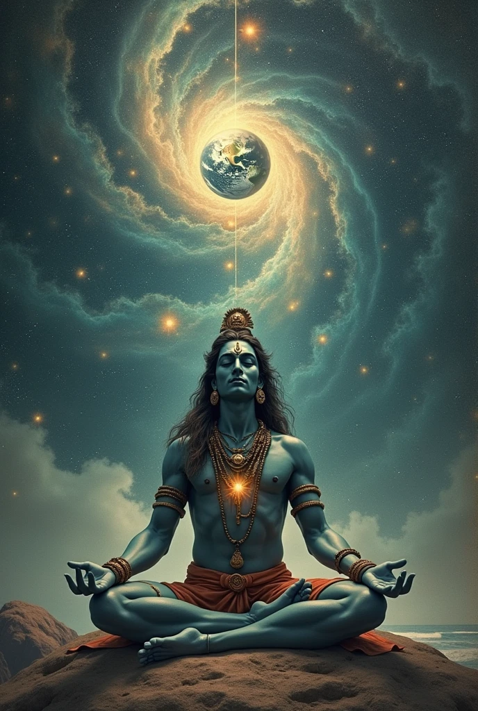 Lord Shiva meditates in the universe with nebula in the background. The earth is his heart. His trishul is visible. Make it like a vintage painting.