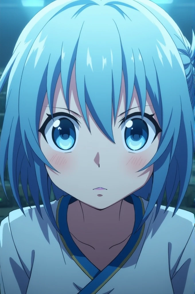 light blue hair, short hair, there is a ponytail on the side of the hair, blue eye color, female, white skin color, anime kimetsu no yaiba eps 8 season 3