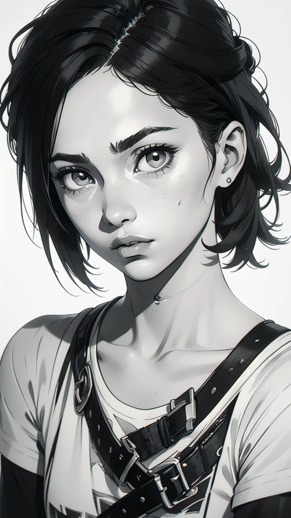 1 boyish girl, solo, sharp eyes, monochrome, greyscale, short black hair, portrait, white T-shirt, Thin eyebrows, closed mouth, looking at viewer, graphite \(medium\), detailed lips, hatching \(texture\), without makeup, bangs, upper body, (best illustration), (best quality), (very detailed), (masterpiece), expressionless,