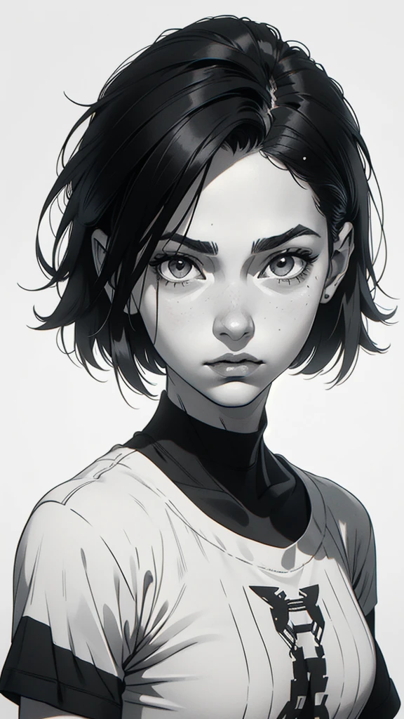 1 boyish girl, solo, sharp eyes, monochrome, greyscale, short black hair, portrait, white T-shirt, Thin eyebrows, closed mouth, looking at viewer, graphite \(medium\), detailed lips, hatching \(texture\), without makeup, bangs, upper body, (best illustration), (best quality), (very detailed), (masterpiece), expressionless,