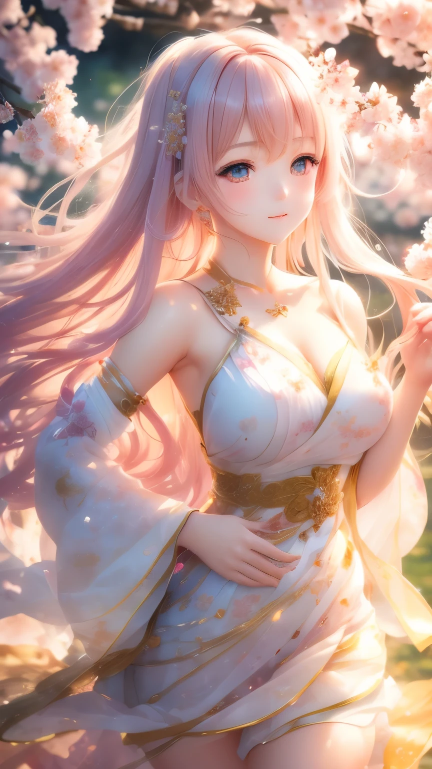 best quality, 16k, RAW photo, an innocent and beautiful sakura maiden, an innocent and beautiful girl like a cherry blossom, translucent and fluttery pastel colored hagoromo dress, sensual expression, mysterious, incredibly absurdres, extremely detailed, delicate texture, background iridescent pastel color, blooming profusely, cherry blossoms, cherry blossom petals, dancing petals, scattered gold dust, orange, wind, motion-blur, action-lines, fantasy