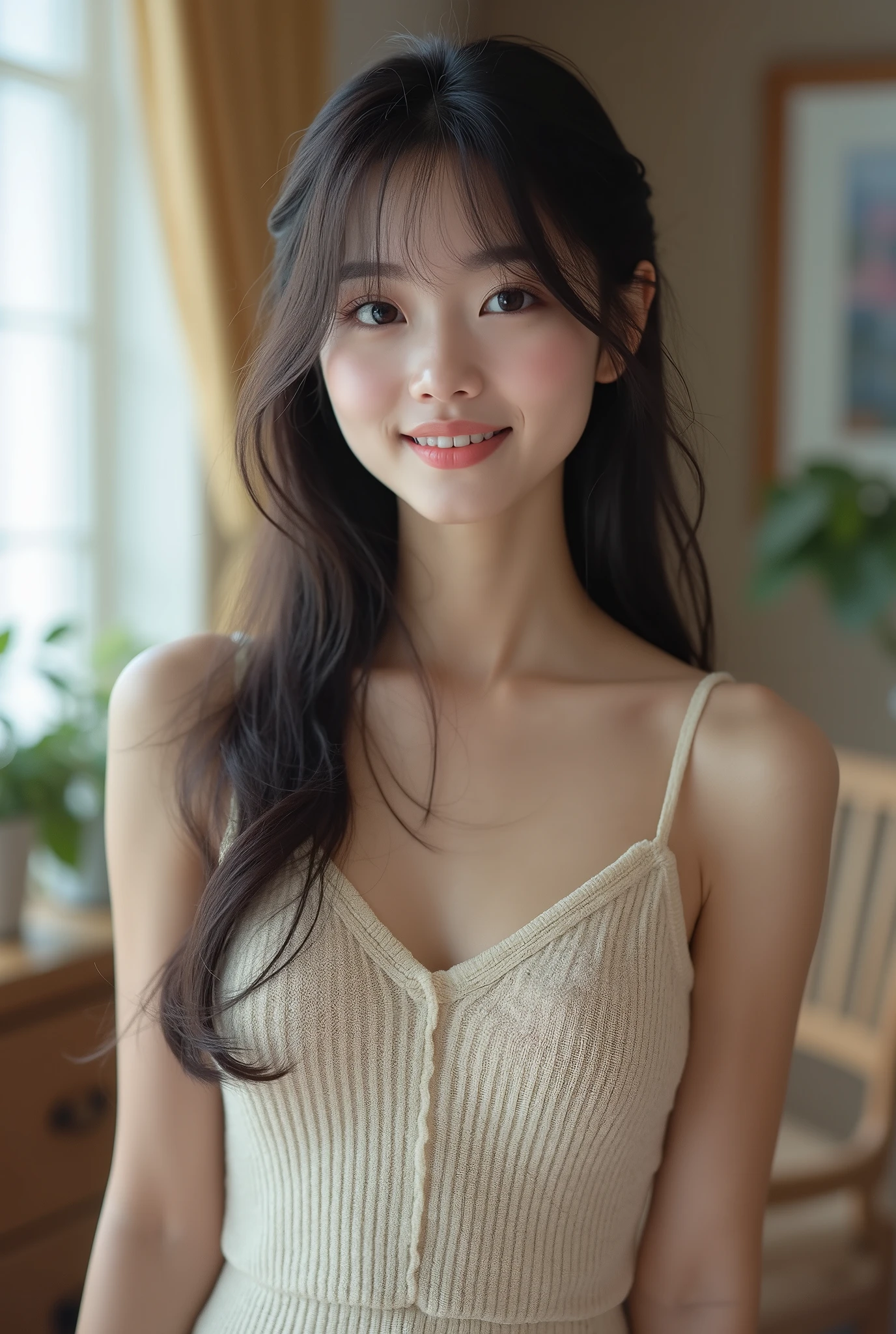 Realな写真、、Japanese high school girl、((whole body))、((photo:1.4、Knitted dress:1.3、Straight Hair:1.4、))、cute、bangs、Detailed face and body、((photoReal:1.5))、Natural lighting、High resolution、photoリアリスティック、(Highest quality、8k、High resolution、masterpiece:1.2)、Super detailed、(Real、photoリアリスティック、photoリアリスティック:1.37)、Realな肌の質感、Detailed eyes and lips、Beautifully detailed face、Long eyelashes、Smooth Skin、Slim figure、Blur the nipples、cute、smile、Young、、NSFW、