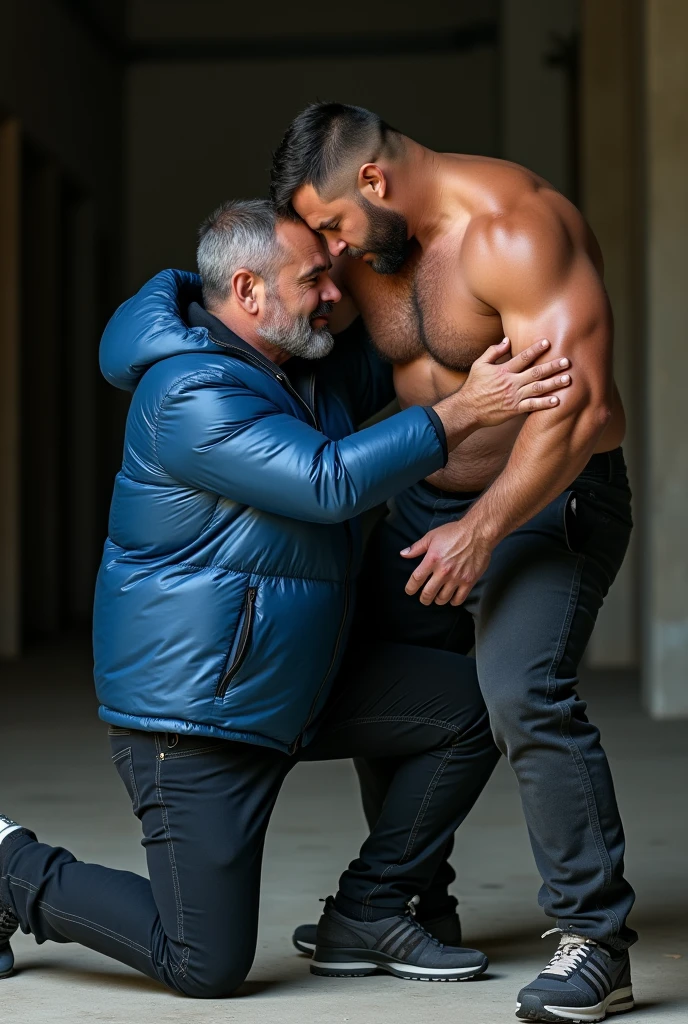 ATTENTION: (((*TWO MALES HANDSOME MAN TOGETHER*))) IN HIGH REALISTIC RAW IMAGE. Man A 41, exceptionally handsome man with light-colored eyes and short, thinning hair. He is (((dressed a pants, formal shoes, and an open, *extremely shiny blue nylon puffer jacket* that reveals his hairy chest and slightly prominent belly))). He is (((positioned on all fours))), with his head slightly raised as his necktie is being pulled by the domineering handsome man B. His is (((expressing deep humiliation and forced submission by the bad Man B, 32))), man with short hair, light skin, and a robust natural and hairy chest with a slightly prominent belly. He is (((wearing sports pants and sneakers, with no shirt, exposing his upper body))). Standing next to humiliating Man A, he grips the colar animal with a smug, dominant expression, (((pulling it to lift Man A’s head toward the camera))).
ATTENTION: extremely ultra mega high ACCURATE IMAGE. High resolution, Best quality, High details, HD model, Anatomically correct, Accurate. ATTENTION: (((*TWO MALES HANDSOME MAN TOGETHER*))).