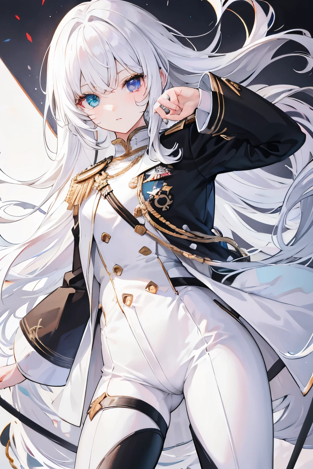 Long white hair, white knight uniform, black pants, Heterochromia