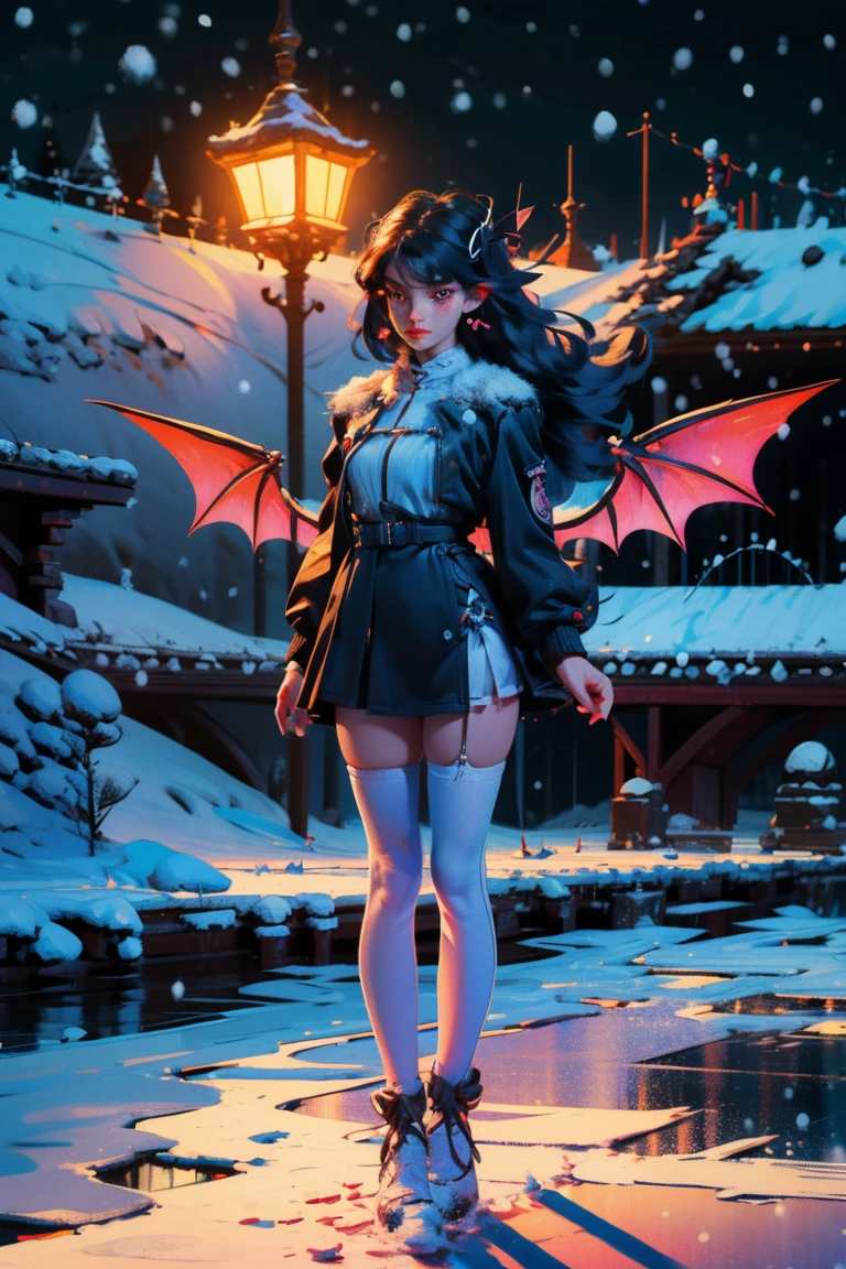 uhd, textured skin, good quality, High details, masterpiece, best quality, high detail face, (Amazingly absurd:1.2), (masterpiece:1.2), fluffy, 1 Girl, standing, Dragon ears, Dragon wings, dragon tail, Dress with ruffles, glowing eyes, shining hair , Whole body love, very long hair, hair ribbon, black kneesocks, full body, Kawaiitech, soft colours, Kawaii, Beautiful colors, (Snow:1.5), (Wet:1), (Night:2), (land:2),
